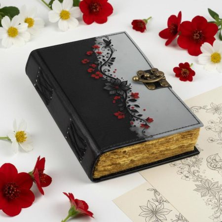 Black White Red Floral Vintage Journal